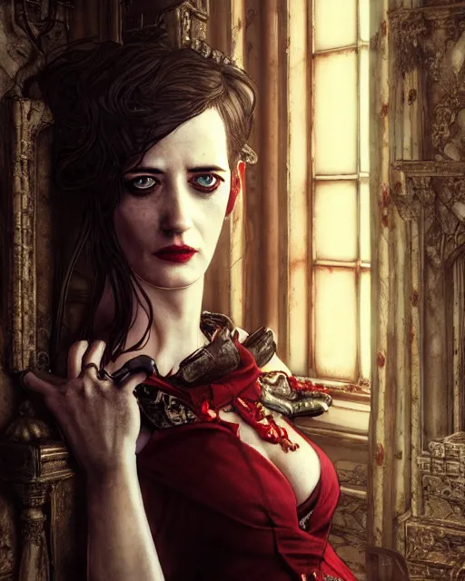 Image similar to character portrait of eva green with gorgeous detailed eyes in a castle, color page, tankoban, 4 k, tone mapping, doll, akihiko yoshida, james jean andrei riabovitchev marc simonetti, yoshitaka amano,