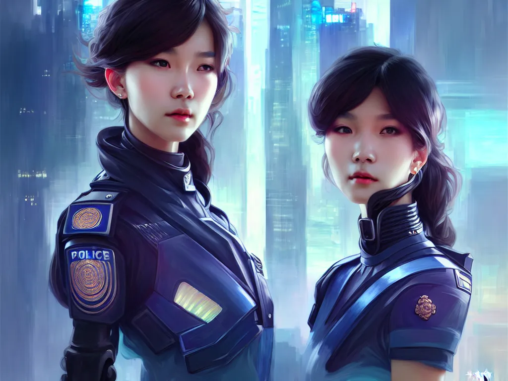 Prompt: portrait futuristic hong kong police uniform girl, at future neon light rooftop, ssci - fi and fantasy, intricate and very very beautiful and elegant, highly detailed, digital painting, artstation, concept art, smooth and sharp focus, illustration, art by tan zi and ayanamikodon and alphonse mucha and wlop