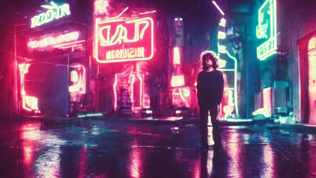 Image similar to portrait of Jim Morrison in a cyberpunk cityscape with neon lights, Cinestill 800t film photo