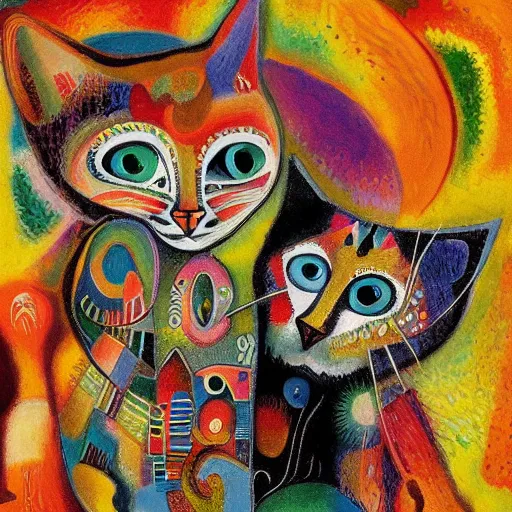 Image similar to A highly stylized conceptual art 4k shaded, finely detailed, matte painting with intricate textures and patterns of two abstract expressionist cats , their bodies intertwined together in the style of Kandinsky