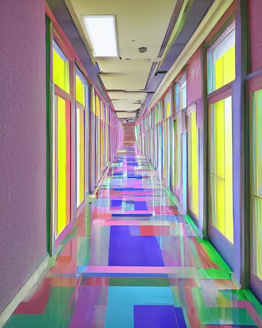 Prompt: a long hallway with bright colored windows on the walls, lighting coming through the windows illuminating the hallway, a photograph by huang ding, featured on tumblr, light and space, irridescent, vibrant colors