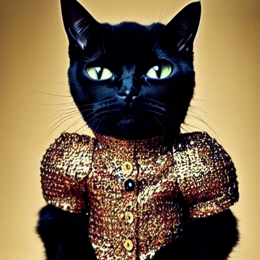 Image similar to cat wearing clothes made by alexander mcqueen