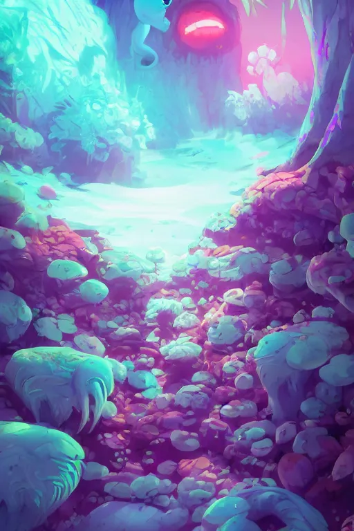 Image similar to smurf ghost creature animal sushi cristal very big eye roots cactus elemental flush of force nature micro world fluo fishscale, behance hd by jesper ejsing, by rhads, makoto shinkai and lois van baarle, ilya kuvshinov, rossdraws radiating a glowing aura global illumination ray tracing hdr