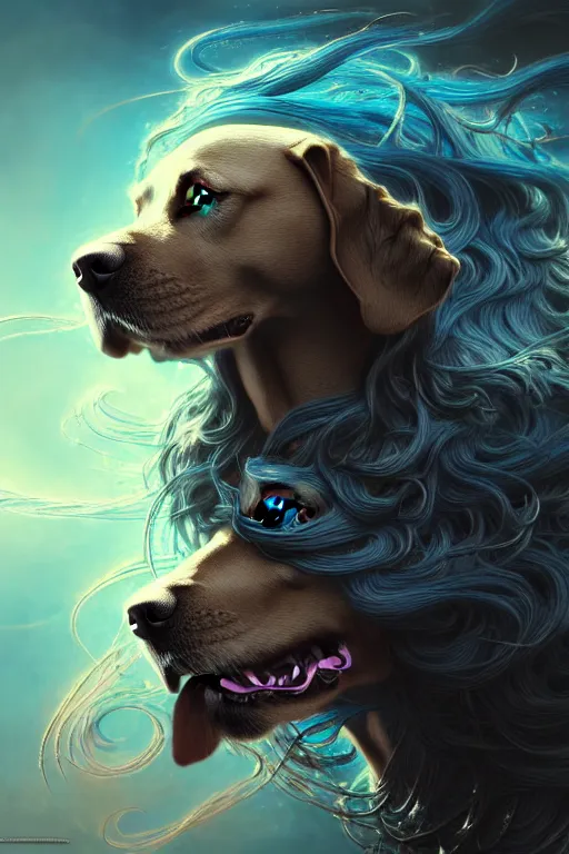 Image similar to dog as a god with flowing hair and blue eyes, very detailed face, detailed features, fantasy, circuitry, explosion, dramatic, intricate, elegant, highly detailed, digital painting, artstation, concept art, smooth, sharp focus, illustration, art by gustave dore, octane render, mucha,