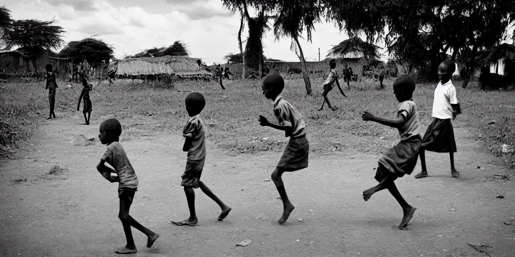 Image similar to kenyan village, black kids playing football, film photography, exposed b & w photography, christopher morris photography, bruce davidson photography, peter marlow photography