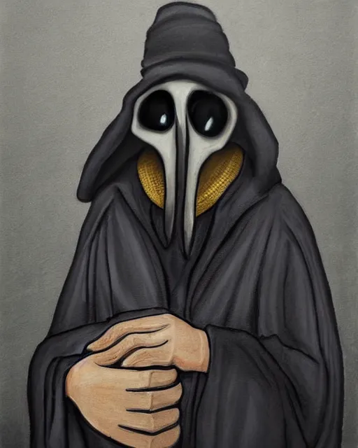 Image similar to portrait a plague doctor holding his mask, mask in hand, black robes, detailed art by greg rukowtski