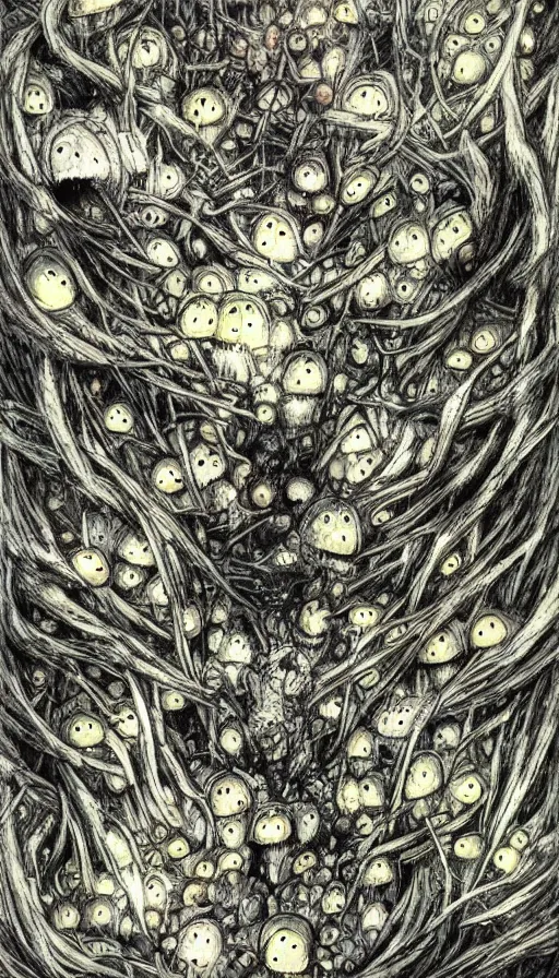 Image similar to a storm vortex made of many demonic eyes and teeth over a forest, by yoshitaka amano,