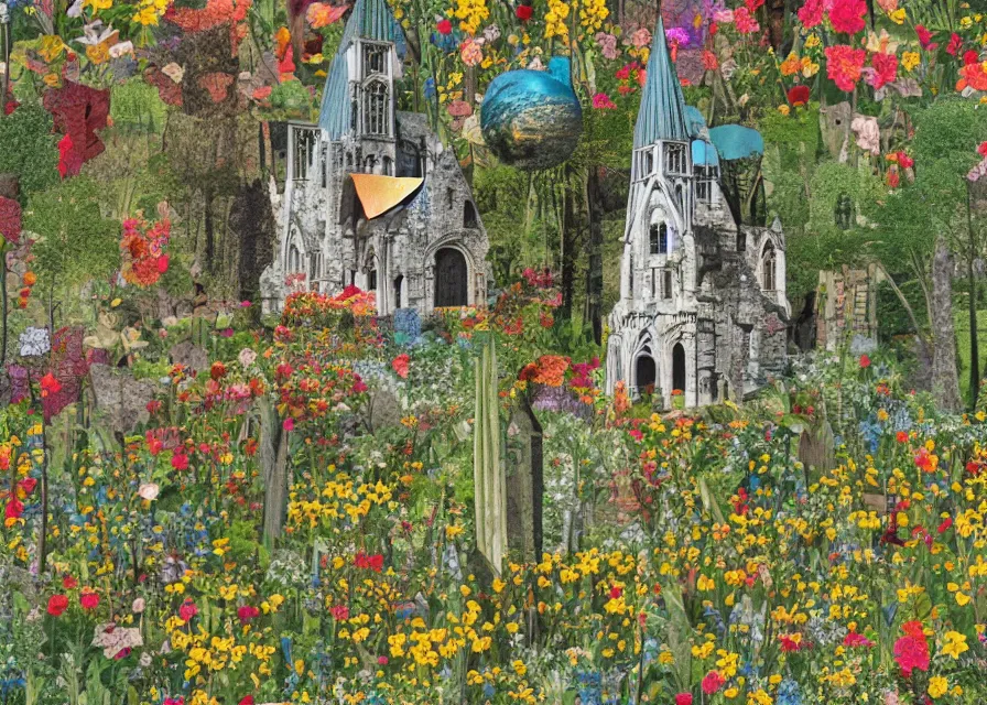 Image similar to small gothic monastery in the middle of a forest with flower meadow, colored paper collage