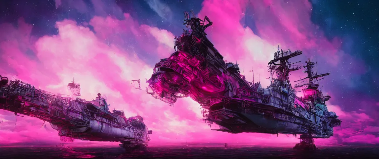 Image similar to heaven pink, portrait punk, pink mohawk, space, hyperdetailed illustration, stars, neon, oil painting, rich deep colors masterpiece, ultra detailed, contrast, clouds, volumetric light, atmospheric lighting, pirate neon ship, dramatic, cinematic, moody, octane render 4 k, 8 k