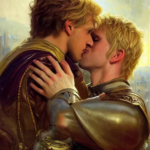 Prompt: attractive male, blond hair arthur pendragon confesses his love to attractive male, dark hair merlin. highly detailed painting by gaston bussiere, craig mullins, j. c. leyendecker 8 k