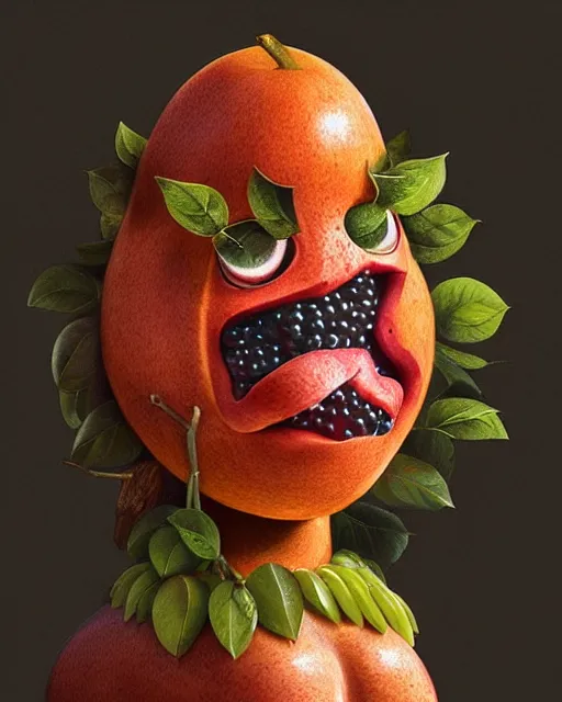 Image similar to portrait of a fruit figurine monster made of different fruit, staring eyes, open mouth, forest background, sunlight, concept art, oil painting, highly detailed, dramatic lighting, hyperrealistic, 8 k, smooth, intricate, artstation, cgsociety, by artgerm, by wlop