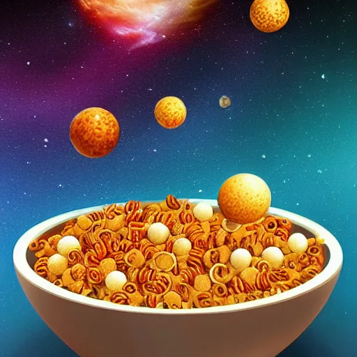 Prompt: A Bowl of cereal with a galaxy inside the bowl, digital art, trending on ArtStation, CGSociety