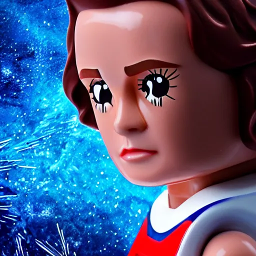 Prompt: official Stranger Things Eleven Millie Bobby Brown Lego figurine, macro photo on white background, very detailed, 4K, field depth, studio lighting