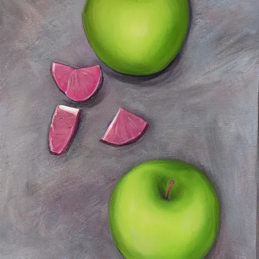 Prompt: one green apple in the middle of a bunch of pink lemons