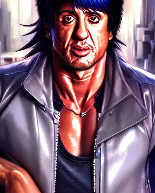 Image similar to well drawn animation portrait Anime skateboarder Sylvester Stallone Rambo, Sharp fine face, shaded Perfect face, fine details. Anime. cyberpunk realistic shaded lighting by katsuhiro otomo ghost-in-the-shell, magali villeneuve, artgerm, rutkowski Jeremy Lipkin and Giuseppe Dangelico Pino and Michael Garmash and Rob Rey