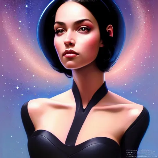 Image similar to a portrait of a very beautiful woman in a spacesuit, Alexandria\'s genesis, shoulder-length black hair, bored, illustration, soft lighting, soft details, painting oil on canvas by mark arian by artgerm, trending on artstation, 4k, 8k, HD