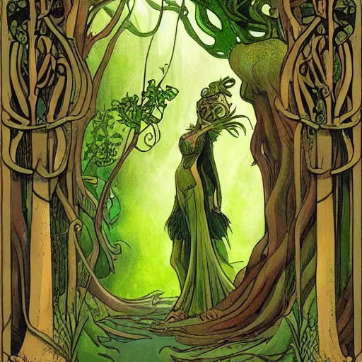 Prompt: a green genie ready to grant wishes deep in the forest, fantasy illustration, art nouveau