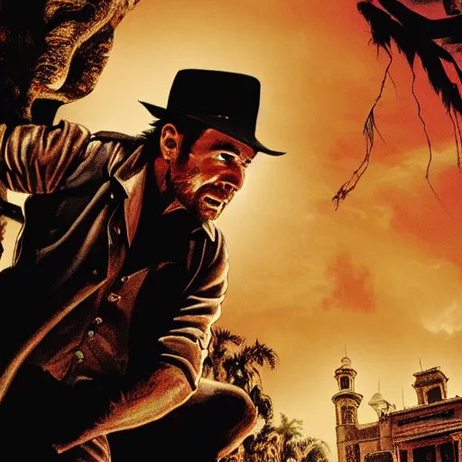 Prompt: indiana jones explores a haunted mansion, detailed, cinematic, shadow, gothic