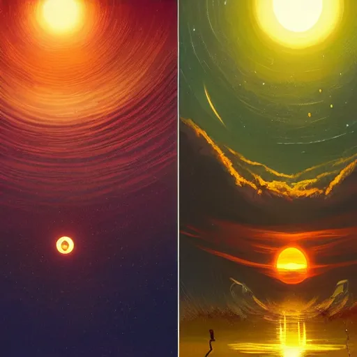 Image similar to a black hole as the sunset of the universe, by anato finnstark, by alena aenami, by john harris, by ross tran, by wlop, by andreas rocha