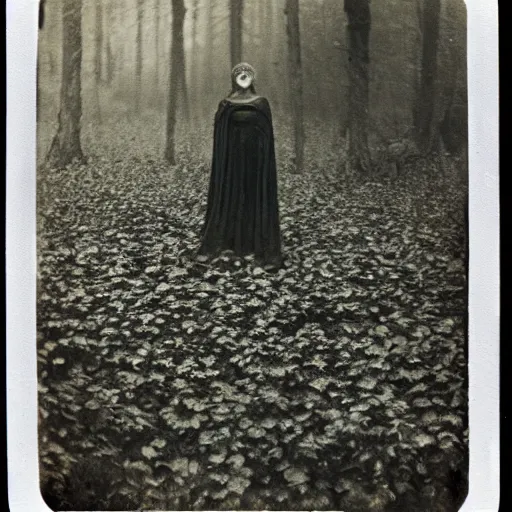 Image similar to an ancient evil-girl on a mysterious fractal forest, mist, 1910 polaroid photography, Black and white