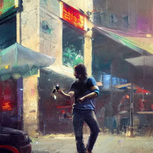 Prompt: a realistic hyperdetailed multi - colored digital oil full body portrait painting of a man playing on a playstation 5 outside at a restaurant, beer in hand, in the style of guy denning, ruan jia, and craig mullins. trending on artstation and deviantart. cgsociety digital art.