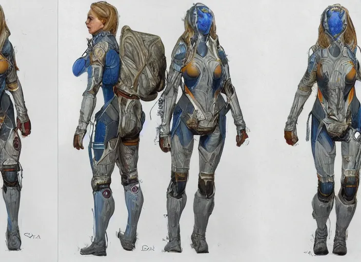 Image similar to front and back character view of a woman in scientist's jacket with a system of straps and pouches for collecting material by Donato Giancola, Trending on artstation and pixiv clean concept art and sheet