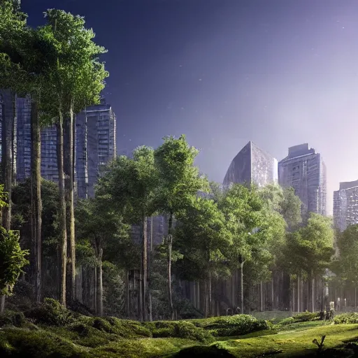 Image similar to an architecture concept art of a forest building, vegetal walls, parcs in the front, city in the background, blue sky, 4 k, high quality, artstation