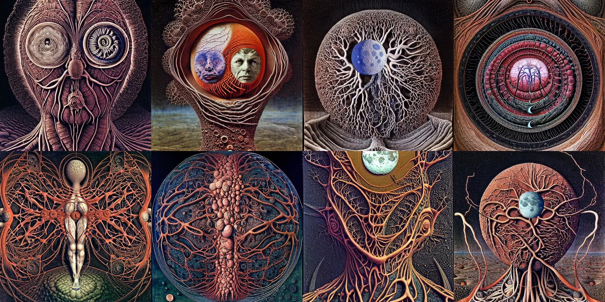 Prompt: the moon landing remade with intricate and detailed fractals of veins and muscle tissue, fractals and spirals growing outwards, by giuseppe arcimboldo and ambrosius benson, a touch of beksinski, realistic, renaissance