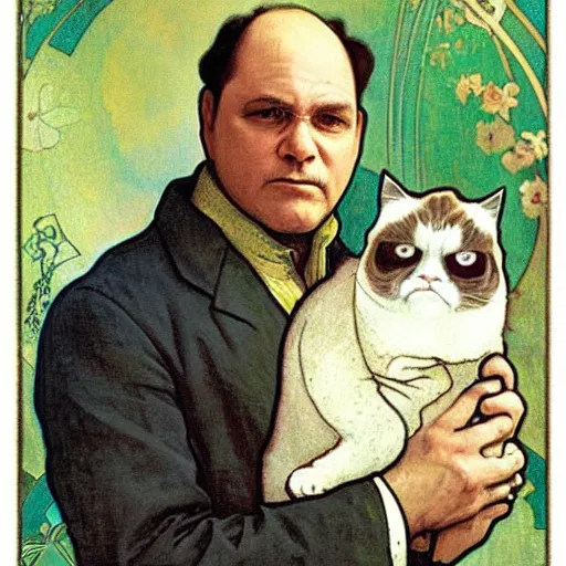 Image similar to “ portrait of george costanza holding grumpy cat, very detailed, by alphonse mucha ”