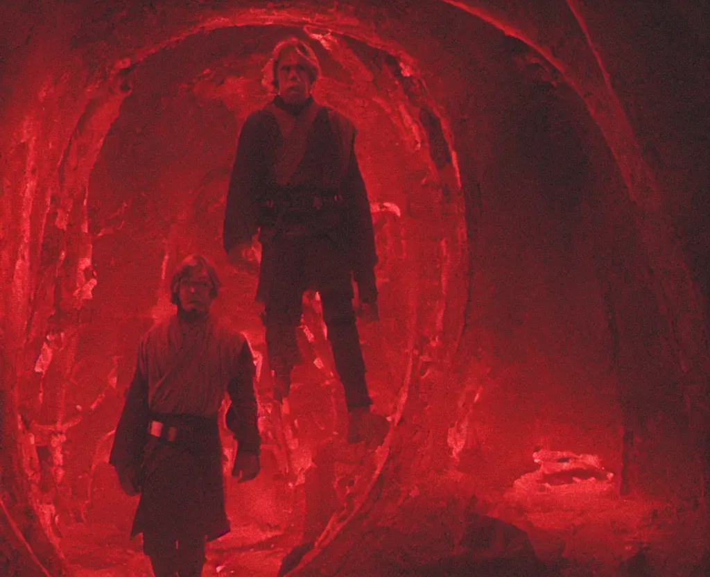 Image similar to Luke Skywalker entering a horrific chamber full of blood red spirals and other indescribable horrors beyond our comprehension, horror, cosmic horror, cinematic, film grain, 4k