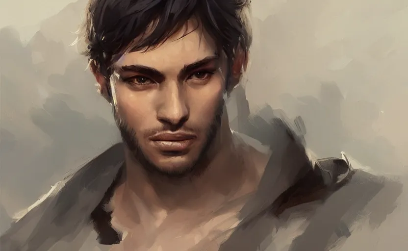 Prompt: a painting of arkul trending on artstation in the style of greg rutkowski, beautiful, male, sensual, natural skin