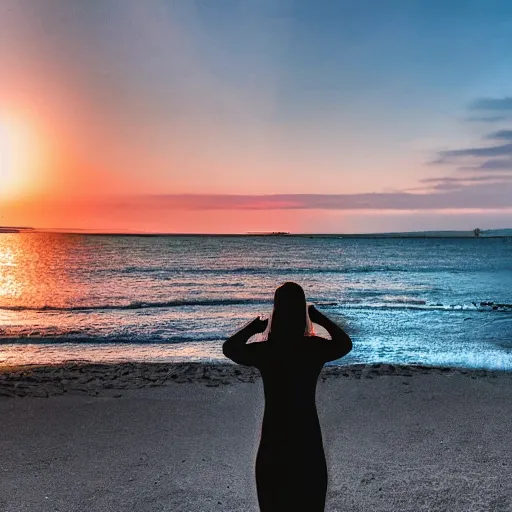 Image similar to a woman facing a blue energy portal on the street, which shows a beach at sunset