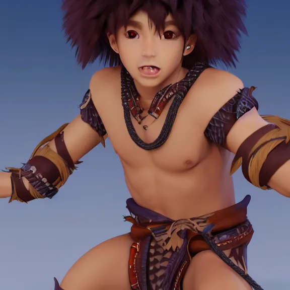 Prompt: 3D render of a cute tribal anime boy in a loincloth, fantasy artwork, fluffy hair, mid-shot, award winning, hyper detailed, very very very beautiful, studio lighting, artstation, unreal engine, unreal 5, 4k, octane renderer