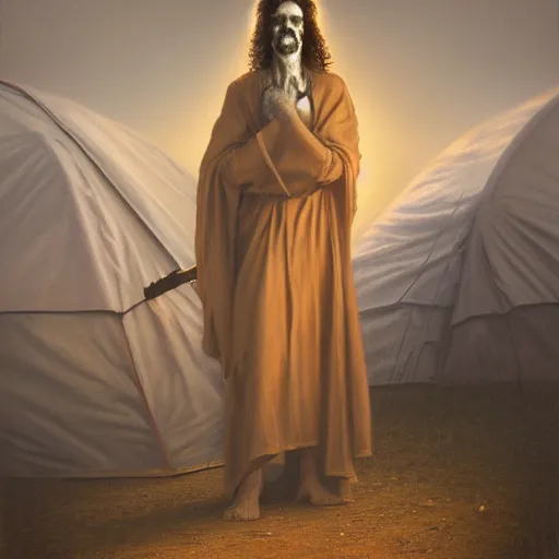 Image similar to a photographic portrait of a humanoid in robes with a halo standing in front of a tent holding a bowl of smoke!! by gustave dore and stephen hickman and allen williams, trending on artstation, cgsociety, 4 k hd, earthtone colors, skulls!! in the smoke, an open canvas tent in the background