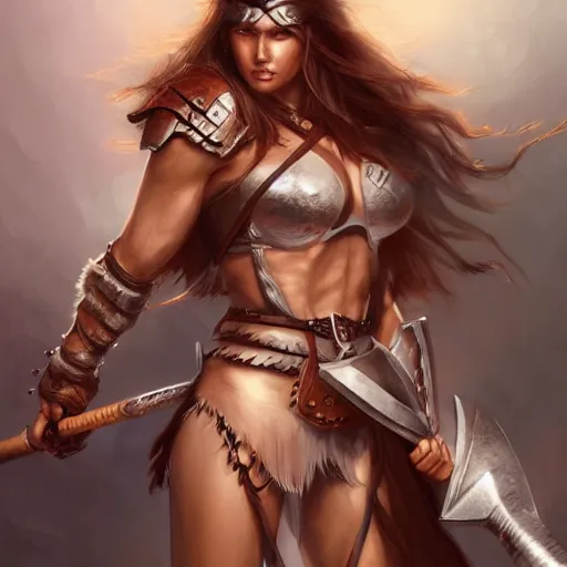 Image similar to female barbarian warrior woman , Stanley Artgerm Lau ,Boris Vallego , Julie Bell , digital art, artstation, portrait , rule of thirds