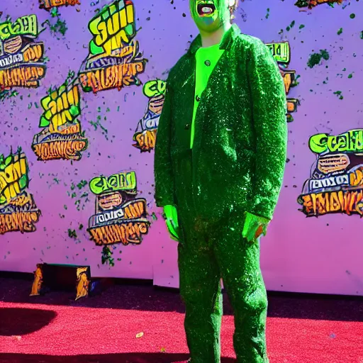 Image similar to Saul Goodman!, covered in green slime!!, ((at the Kid Choice Awards)) , professional photography