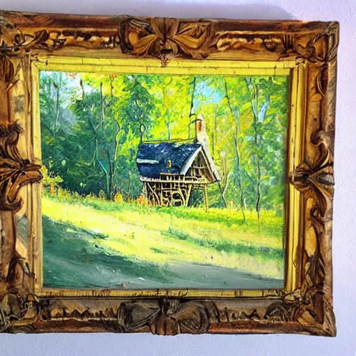Image similar to treehouse in the countryside on a sunny day, peaceful, dreamy, brush strokes, oil painting