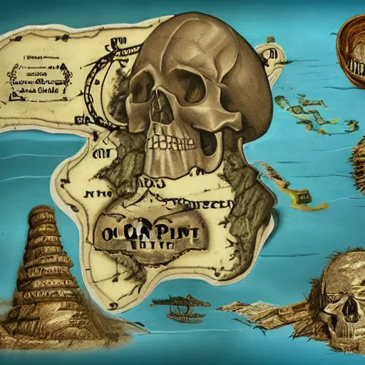 Prompt: old torn treasure map showing the treasure of skull island, pirates treasure map, high detail, high res, hyperrealistic, skull island