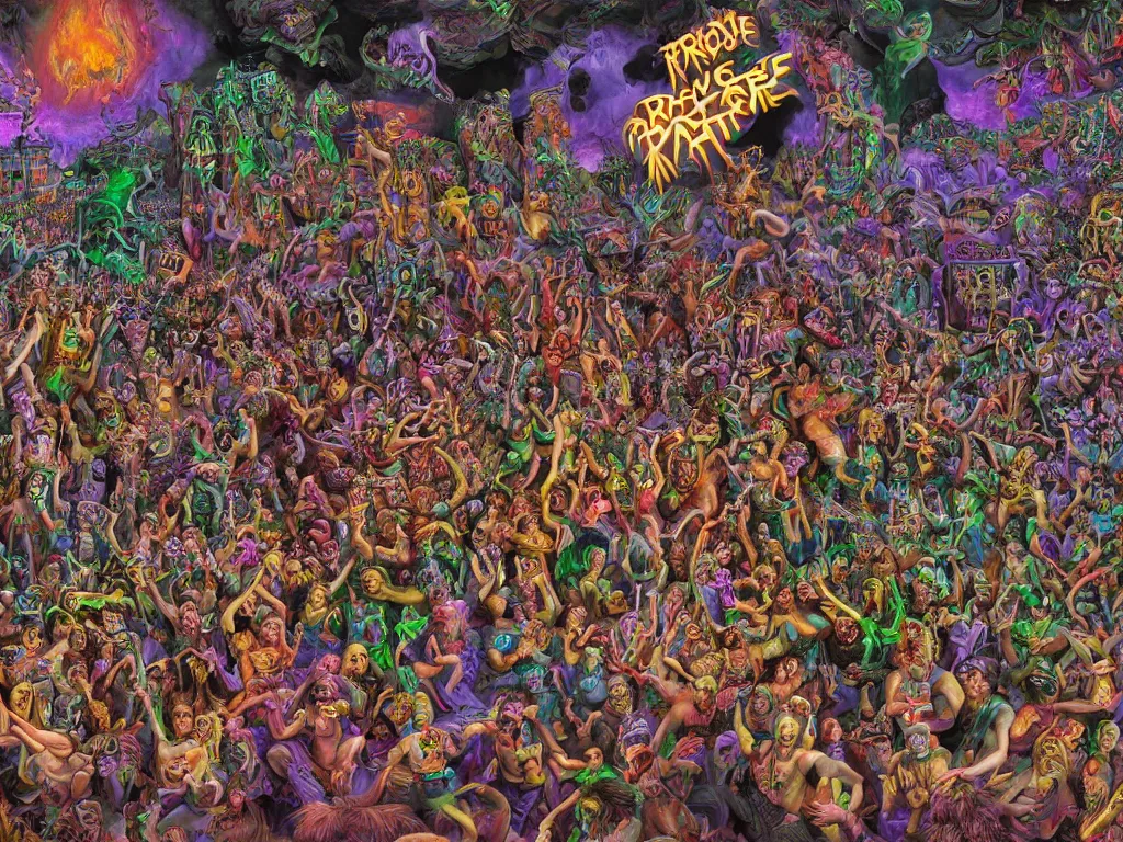 Image similar to digital painting rave party in hell by Chor Boogie, intricate details, ultra detailed, 4K, award-winning, touch of M. C. Escher and Salvador Dali