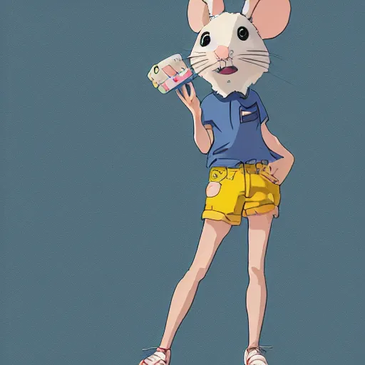 Image similar to in the style of studio ghibli, anthropomorphic mouse, female, wearing denim shorts and tank top, detailed, intricate, aesthetic, artistic, ambient occlusion, volumetric light effect, 8 k resolution