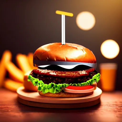 Image similar to a burger in the shape of a cat, with fries, volumetric lighting, 4 k