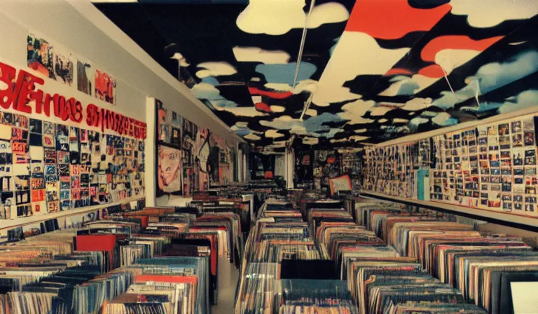 Image similar to A record store designed by Tadanori Yokoo, 35mm film, long shot