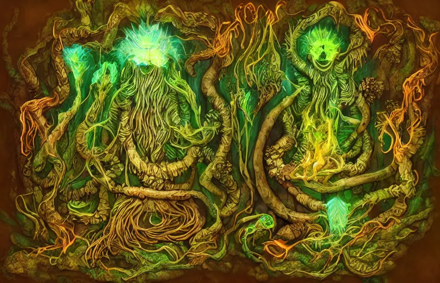 Image similar to shaman, summoning fire / water / light, out of bones / fern / light, green man, misty forest, glowing fungus, cinematic, golden ratio, wavy are the most prompts i used + plenty of variations for building up the details