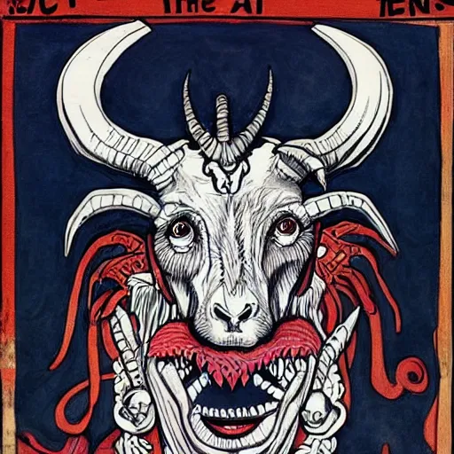 Image similar to a demon with a goat's head, is looking at the camera, while carrying a human head, whose eyes are still wide. symmetrical anatomy, very detailed design, complexity of the image, with pop punk style, colorful, accompanied by full body images., without duplication, arstation