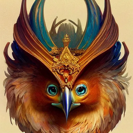 Image similar to carved wooden colorful bird, golden crown, dark, rusty, fantasy forest, highly detailed, realistic, artstation, concept art, smooth, sharp focus, illustration, art by artgerm and greg rutkowski and alphonse mucha