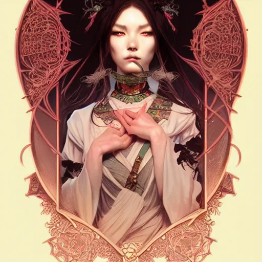 Image similar to Portrait of a female necromancer, japanese face features, fantasy, intricate, elegant, highly detailed, digital painting, artstation, concept art, smooth, sharp focus, illustration, art by Sam Youn and Fernanda Suarez and Artem Demura and alphonse mucha