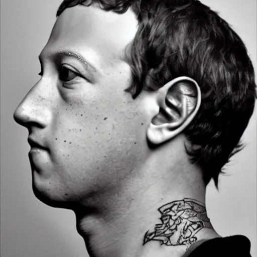 Image similar to A 35mm portrait of Mark Zuckerberg with tattoos on his neck, punk style