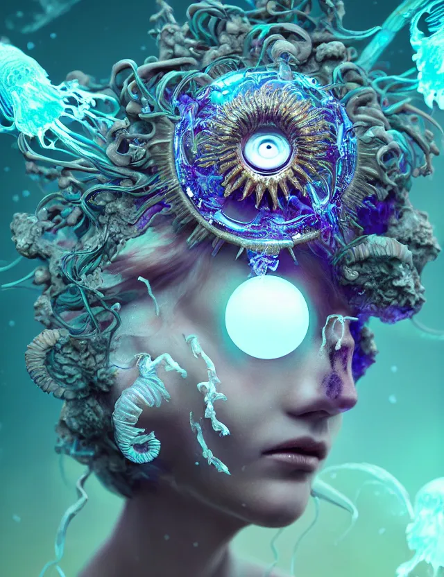 Image similar to goddess macro close - up portrait wigh crown made of ram skull. betta fish, jellyfish phoenix, bioluminiscent, plasma, ice, water, wind, creature, super intricate ornaments artwork by tooth wu and wlop and beeple and greg rutkowski