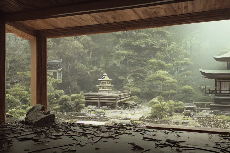 Prompt: ruined, abandoned japanese temple, seen from inside. Diffused light falls through the broken windows. Dirt, leaves on ground. Unreal Engine. Substance painter. Zbrush. Trending on artstation. 8K. Highly detailed.