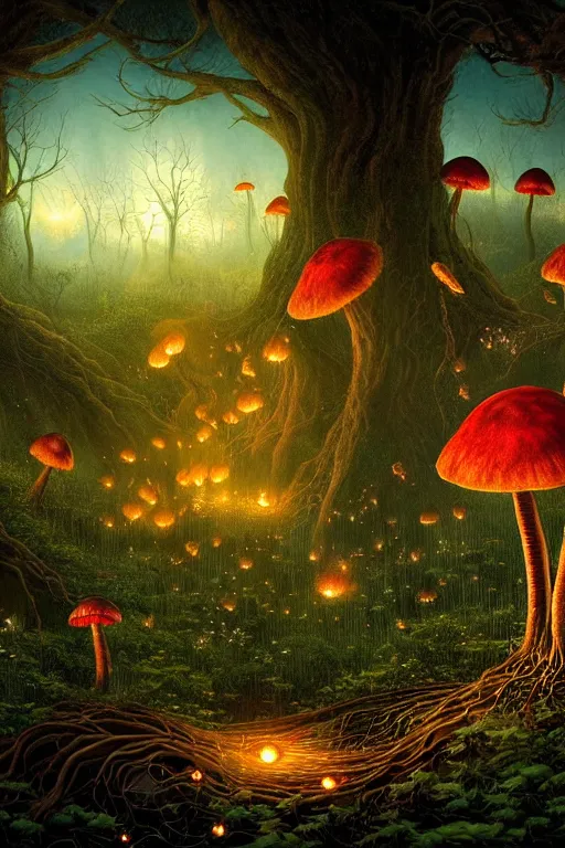 Image similar to a beautiful digital illustration painting of a detailed gothic fantasy fireflies and roots, dark mushroom, flowers by benoit b. mandelbrot, steven belledin, martin johnson heade, lee madgwick, caspar david friedrich, and david rios ferreira. 8 k resolution trending on artstation concept art digital illustration